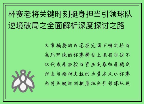 杯赛老将关键时刻挺身担当引领球队逆境破局之全面解析深度探讨之路