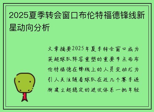 2025夏季转会窗口布伦特福德锋线新星动向分析