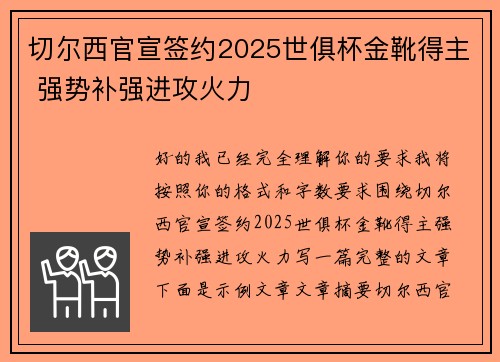 切尔西官宣签约2025世俱杯金靴得主 强势补强进攻火力