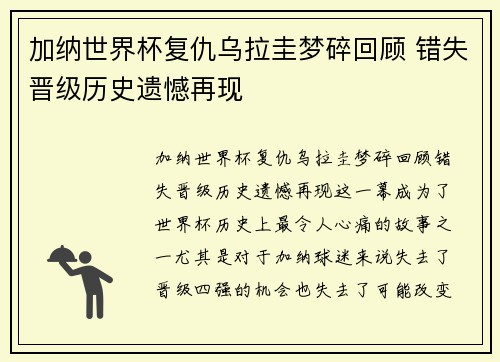 加纳世界杯复仇乌拉圭梦碎回顾 错失晋级历史遗憾再现